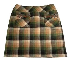 Ann Taylor Loft Plaid Wool Skirt with Front Pockets Women Size 0 Green Tan READ